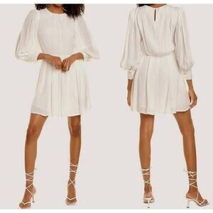 Rebecca Taylor Shadow Stripe Dress Long Peasant Sleeves Flowy Mini White Size 4